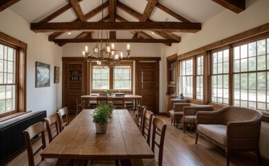 Fototapeta premium Cozy rustic farmhouse dining room with wooden beams, vintage furniture, and potted herbs