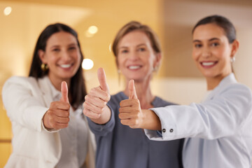 Thumbs up, group or business women with support, excellence or thank you in office closeup. Like, hand gesture or sign for teamwork, success or emoji for good job after winning with smile in portrait