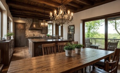 Cozy rustic farmhouse dining room with wooden beams, vintage furniture, and potted herbs