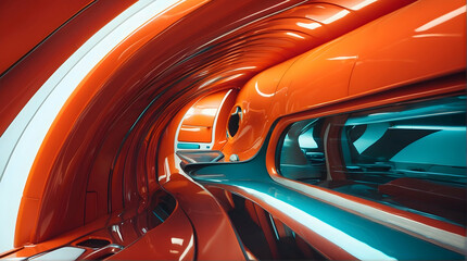 Futuristic red tunnel with reflective surfaces