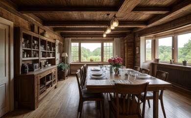 Fototapeta premium Cozy rustic farmhouse dining room with wooden beams, vintage furniture, and potted herbs