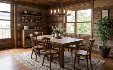 Fototapeta premium Cozy rustic farmhouse dining room with wooden beams, vintage furniture, and potted herbs