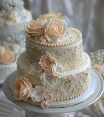 Luxury three tiered cascading floral wedding cake, elegantly decorated white frosting floral accents