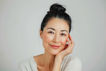 Skincare with beautiful Japanese Korean woman in her late thirties, with dark hair and wearing a white sleeveless top. Facial treatment, Cosmetology, Spa, Aesthetic, plastic surgery