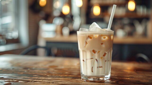 an iced vanilla latte with a straw in a glass on a wooden table, ideal for summer vibes with space for additional text in the background