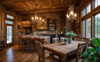 Fototapeta premium Cozy rustic farmhouse dining room with wooden beams, vintage furniture, and potted herbs