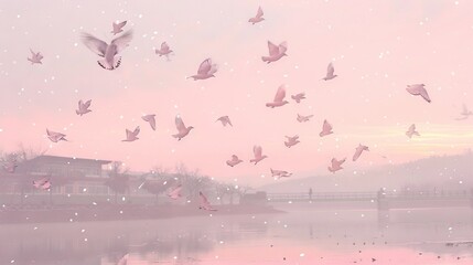   A flock of birds flying over water with a pink and purple sky and bridge in background