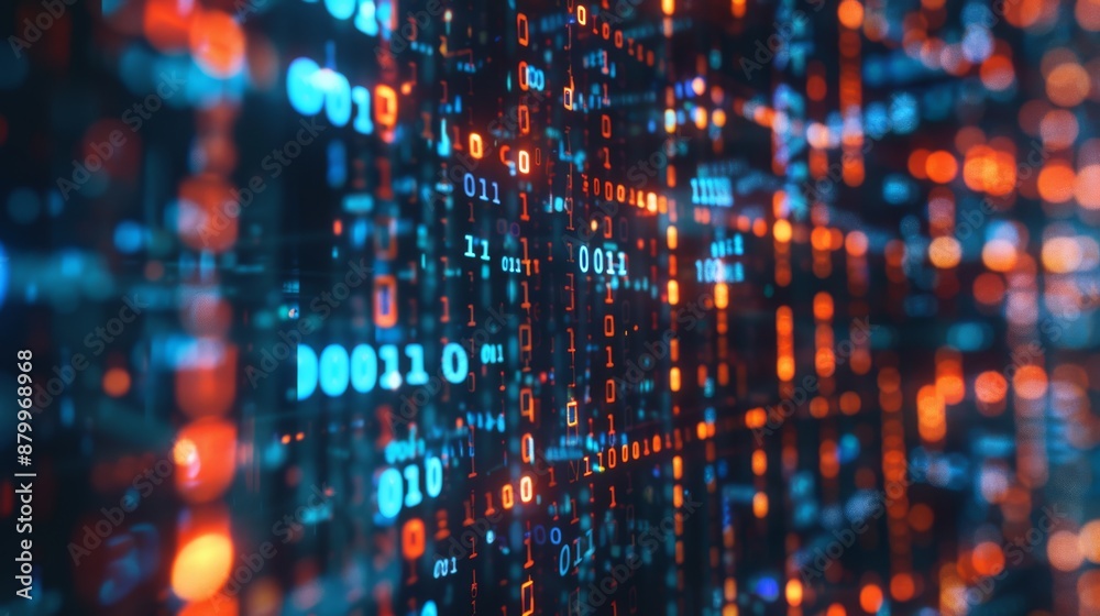Poster a digital matrix with streaming lights and binary codes portrays data flow and technology advancemen