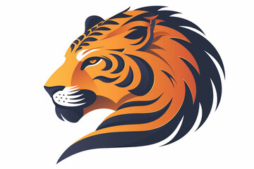 Obraz premium Feuriger Tigerkopf in schwarz und orange mit Streifen schaut erhaben in die Ferne. Der Nacken geht in flammenförmige wehende Mähne aus Haaren über. 