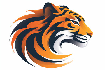 Fototapeta premium Feuriger Tigerkopf in schwarz und orange mit Streifen schaut erhaben in die Ferne. Der Nacken geht in flammenförmige wehende Mähne aus Haaren über. 