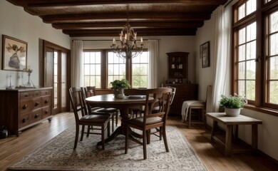 Fototapeta premium Cozy rustic farmhouse dining room with wooden beams, vintage furniture, and potted herbs