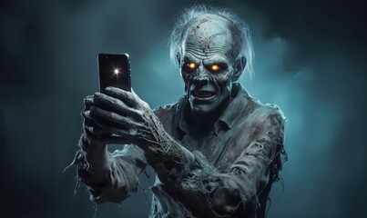 Obraz premium A zombie holds a phone in his hand a Halloween concept