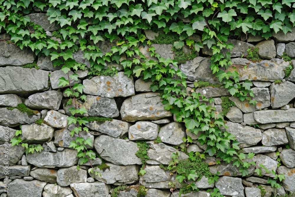 Poster A stone wall with lush green plants growing on it, providing a natural and serene atmosphere