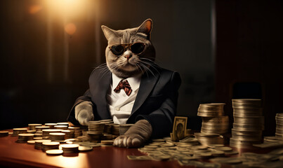 A funny mafia cat in a businessman banker costume sits at a table among the money