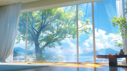   Room with spacious window overlooking tree & water on opposite side