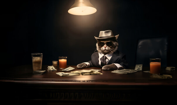 A funny mafia cat in a businessman banker costume sits at a table among the money