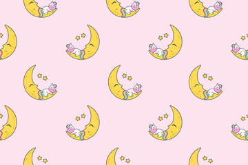 Cartoon unicorn sleeps on the moon. Vector seamless pattern