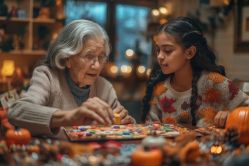 Fototapeta premium Elderly Asian woman and young girl playing a board game together in a cozy room. Concept of family bonding, fun, and Christmas