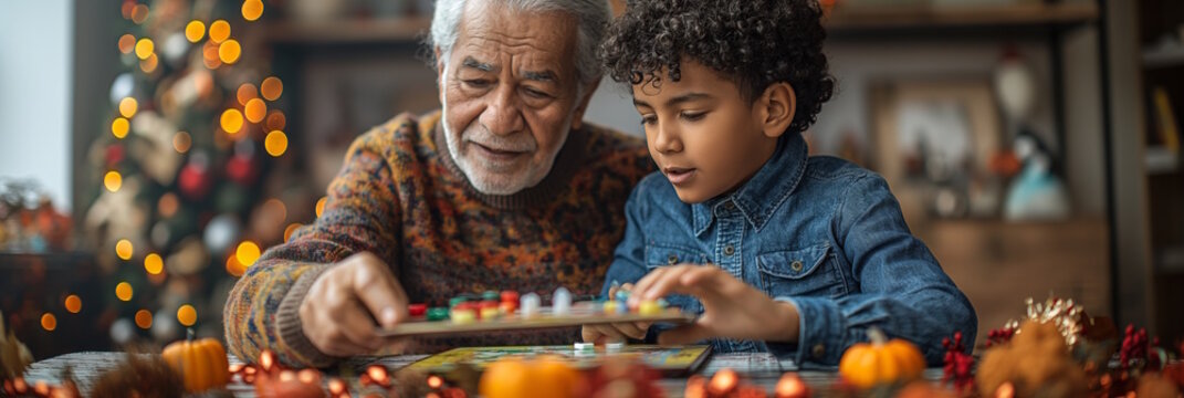 Elderly Hispanic man and young boy playing a board game together in a festive room. Concept of family bonding, fun, and Christmas - Powered by Adobe
