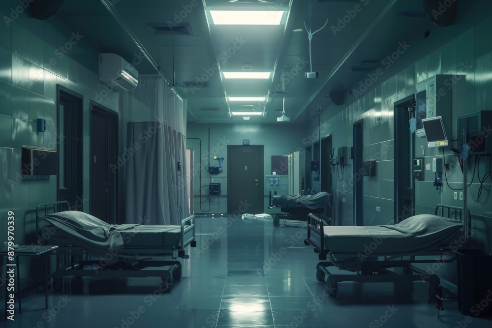 Poster A typical hospital hallway with beds and lighting