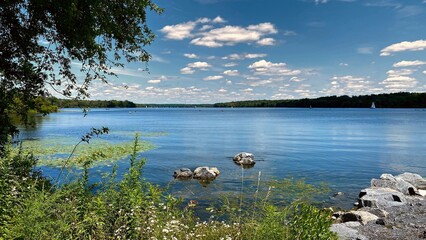 landscape with lake and blue sky