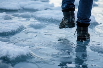 A person carefully walking on thin ice, symbolizing literal and metaphorical risks, with a copy space