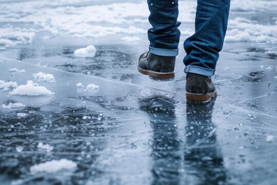 A person carefully walking on thin ice, symbolizing literal and metaphorical risks, with a copy space