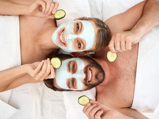 Couple, portrait and facial with cucumber in spa for face glow, skincare and self care together....