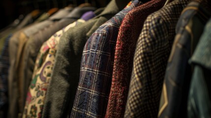 Obraz premium A rack of vintage clothes softly illuminated by natural light, with a narrow aperture to capture detailed textures, a copy space