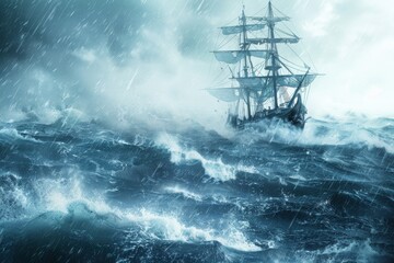 A ship navigating through a stormy sea, symbolizing the risks of maritime travel, with a copy space