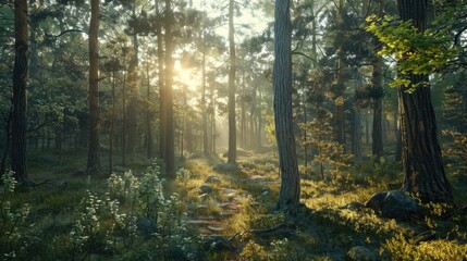 Fototapeta premium Forest with path through it and sun shining through trees