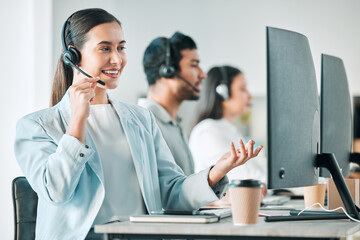 Call center, computer and woman in telemarketing office for assistance, communication or help....