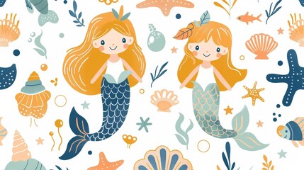 mermaid doodle pattern, charming doodle pattern with mermaids, seashells, and marine creatures a delightful decor option for an enchanting touch