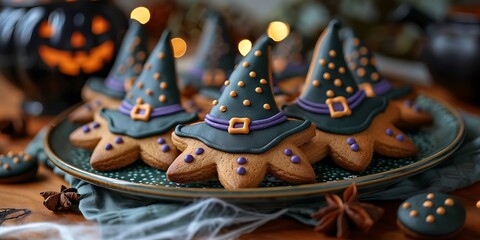 Halloween gingerbread cookies in the shape of witch hats and black cats
