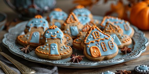 Fototapeta premium Halloween gingerbread cookies arranged on a platter with autumn decor