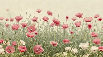 Obraz premium A field of vibrant pink and white blossoms dances atop emerald green grass in the haze of a foggy morning