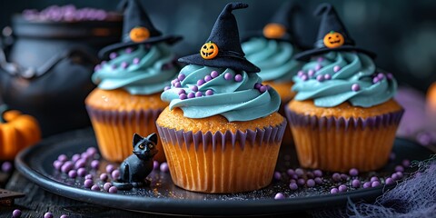 Halloween Pumpkin Cupcakes with Witch Hats and Black Cat Toppers