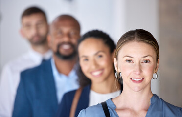 Obraz premium Female leader, business people and workplace with portrait for corporate or management, smile for company with finance. Group, diversity and face for accounting staff in office with happiness