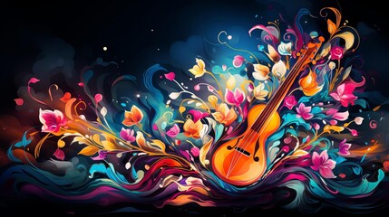 Obraz premium Vibrant Abstract Musical Composition with Colorful Notes and Instruments