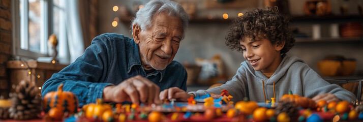Elderly Hispanic man and young boy playing a board game together in a festively decorated kitchen. Concept of family bonding, fun, and Thanksgiving