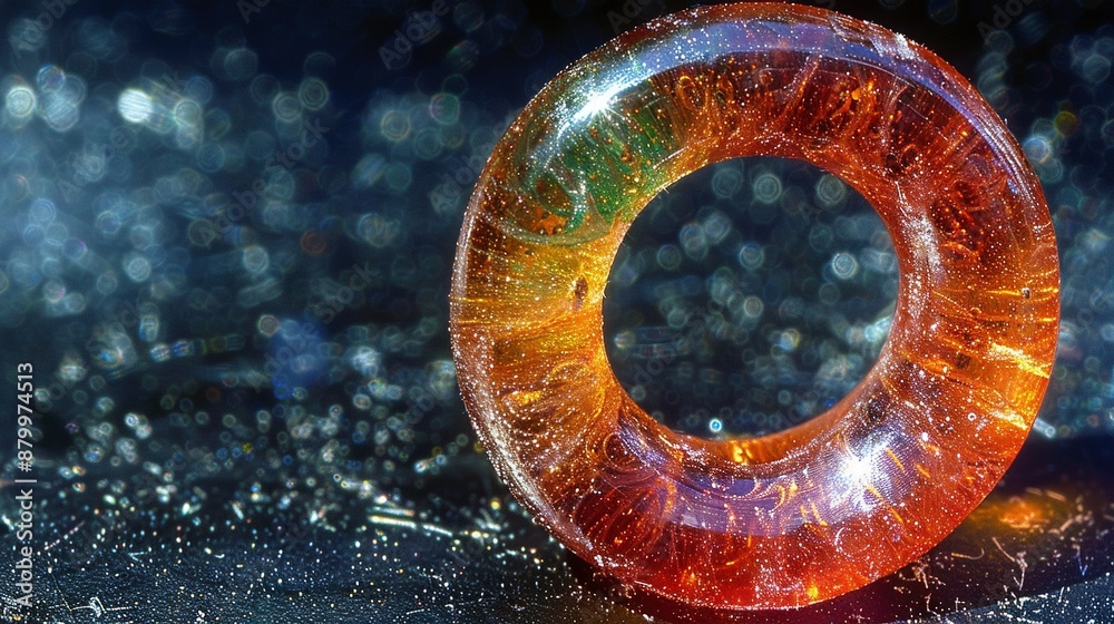 Poster   A close-up of a glass object resting on a table with a blurred backdrop, featuring a round object in focus