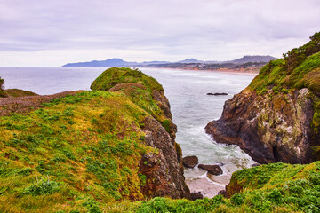 Rugged Coastal Cliffs and Lush Greenery Newport Oregon Elevated View