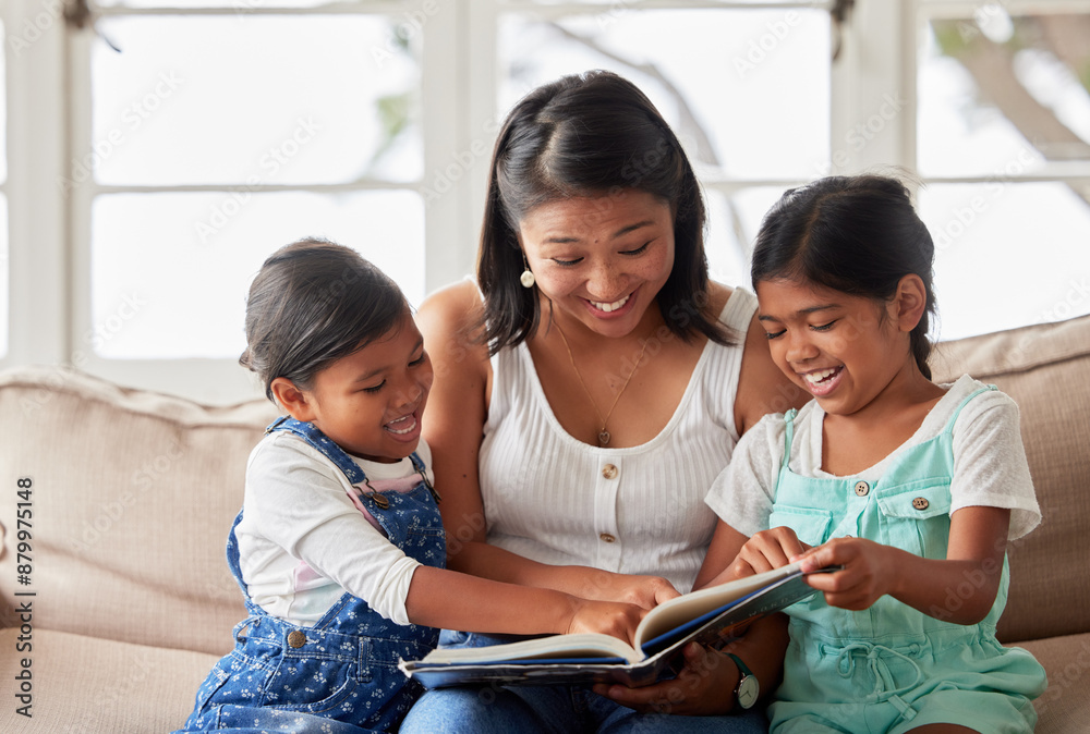 Canvas Prints Happy family, children and mother reading book on couch for learning, bonding or teaching in home together. Smile, education and mom with kids storytelling for fairytale, fantasy or child development