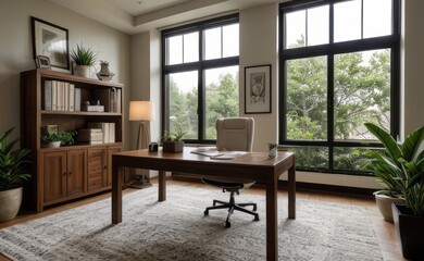 Fototapeta premium Contemporary home office with sleek furniture, large windows, and a variety of succulents