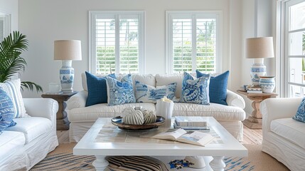 Serene Coastal Living Room with Nautical Decor in White and Blue Palette for Relaxing Beach House Vibes