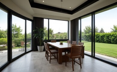 Fototapeta premium Contemporary home office with sleek furniture, large windows, and a variety of succulents