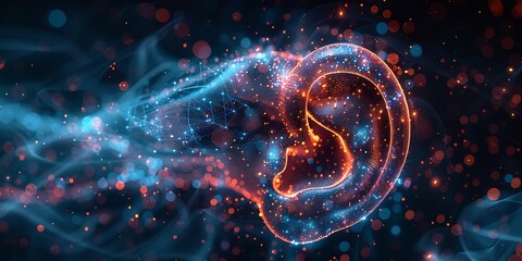 Obraz premium Ear with futuristic hearing aid and 3D sound technology.