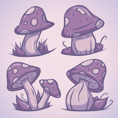 Illustrated cute purple mushrooms in a cartoon style