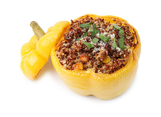 Quinoa stuffed bell pepper with corn isolated on white