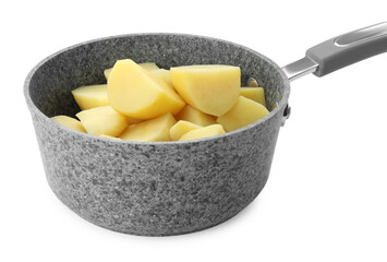 Raw potatoes in saucepan isolated on white